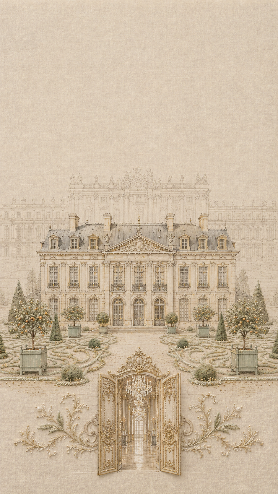 Palace of Versailles with garden and gate